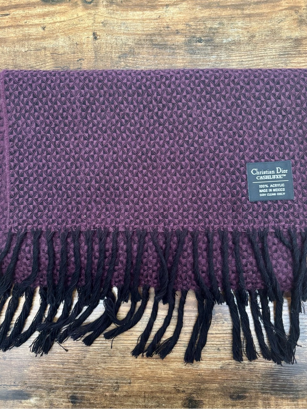 Christian Dior Cashluxe Purple/Black Patterned Textured Fringe Scarf, 13” x 68”